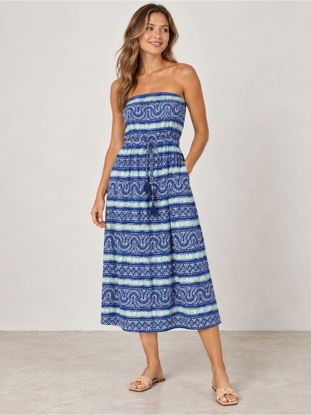 Vineyard Vines Navy & Aqua Paisley Strapless Maxi Dress Size S